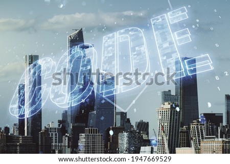 Code word hologram on New York cityscape background, international software development concept. Multiexposure