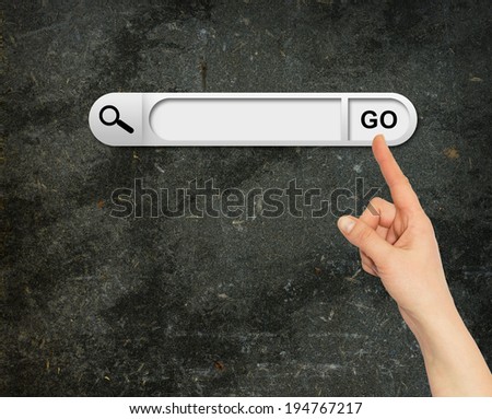 Human hand indicates the search bar in browser. Abstract background. Grunge style