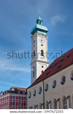 Bell tower of the Church of the Holy Spirit (Heilig-Geist-Kirche) in Munich, Germany