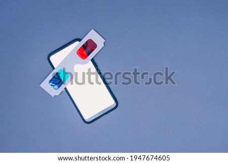 3D glasses with smartphone mockup with white screen on gray background. Glasses for watching videos in 3D