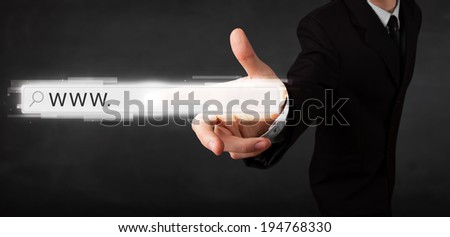 Young man touching web browser address bar with www sign 
