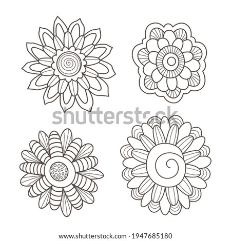 Beautiful decorative black outline flowers isolated on a white background. Ornamental floral black and white design elements.