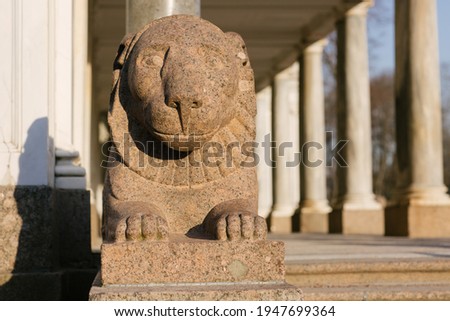 Decorative sculpture of a lion made of granite stone. Animal figure lined with red marble