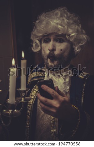 Selfie, man with mobile, white wig and candlestick nineteenth century