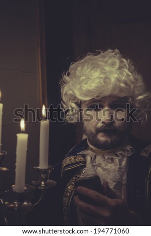 Phone Selfie, man with white wig and candlestick nineteenth century