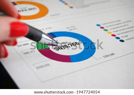 An overview of a financial diagram year end investment portfolio report. Royalty-Free Stock Photo #1947724054