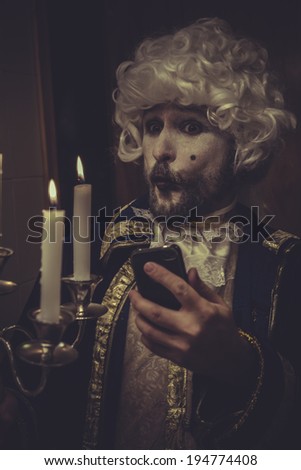 Selfie, funny man with white wig and candlestick nineteenth century