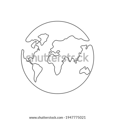 World map one line art. Continuous Earth line drawing symbol. Earth globe hand drawn insignia. Vector illustration isolated on white background