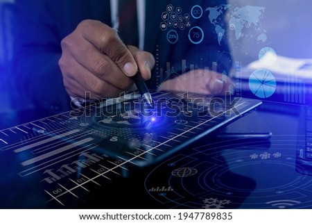 Double exposure of financial graph. Stock market chart. Businessman hands using digital tablet and stock market or forex graph, Forex investment business internet technology innovation concept.