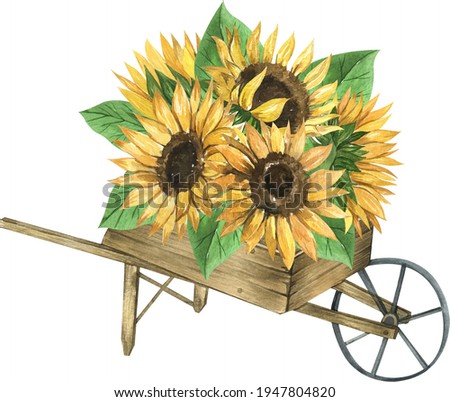 Watercolor sunflower clip art. Summer yellow flowers bouquet.Vintage Rusty Iron Elements. Rustic elements.