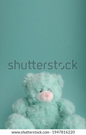 Cute mint green teddy bear background picture. Vertical image with space for text.