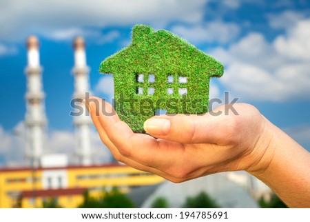 Grass home on a background of blue sky in human hands