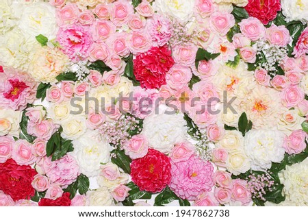 Many different colorful flowers, floral decorated wall for background