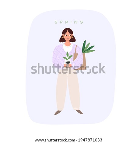 Beautiful woman in a lavender jacket with plants in an eco-bag. Plant lady. Spring, happy girl. Flat vector illustration. Can be used for social media, poster, postcards, fabrics.