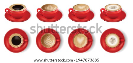 3d realistic vector isolated red cups of coffee , top and side view, cappuccino, americano, espresso, mocha, latte, cocoa Royalty-Free Stock Photo #1947873685