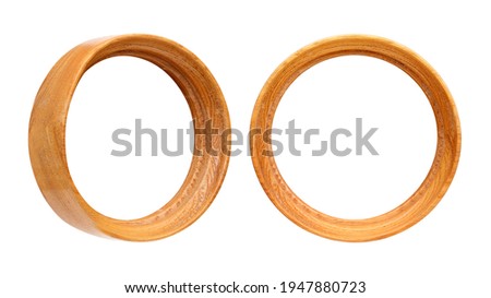Wooden round frame for paintings, mirrors or photo in frontal and perspective view isolated on white background