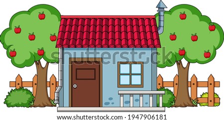 Front view of a house with nature elements on white background illustration