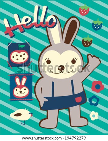 Rabbit says hello with patches, flowers, fruits and a bird