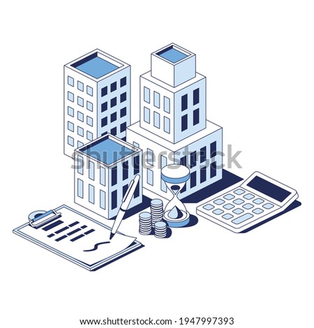 Real estate, investments, buildings, contract documentation, calculator, coins and hourglass. Vector 3d line isometric, web icons, blue color. Creative design idea for infographics. Royalty-Free Stock Photo #1947997393
