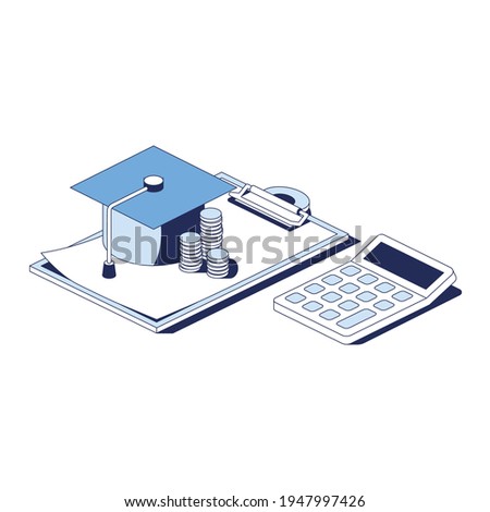 Student graduate cap, contract document, investment in skills, training, calculator, stroke illustration. Vector 3d line isometric, web icons, blue color. Creative design idea for infographics.