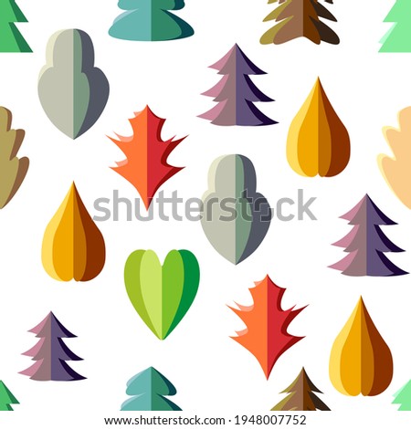 Seamless pattern with different sorts of stylized leaves made of folded bright paper. Assorted origami trees in endless texture.