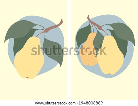 Vector flat design illustrations : sweet yellow pears with branches and green leaves on abstract blue spots. Minimalism. Elements for card, poster, juice box, interior picture.