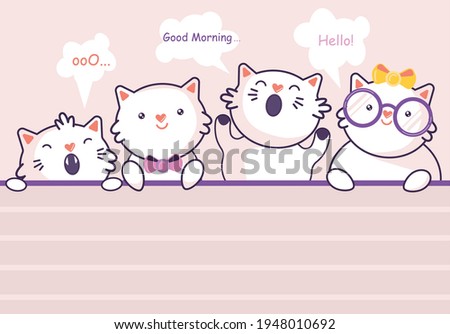 Flat morning cats, cartoon. Child vector. Good morning. Perfect for postcard, greeting card, baby shower girl, design.