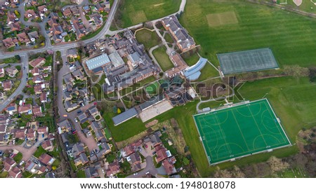 Aerial drone photo of the Silcoates School and Schools football pitches and playing field in the British town of town of Wrenthorpe in Wakefield in the UK in the Spring time