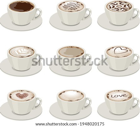 Set with different sorts of coffee in white crocery. Illustration with cups on white background can be used for restaurant and cafe menu.