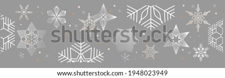 Art deco snowflakes header. Decorative snow falling ornament, white and gray vector isolated snowflakes