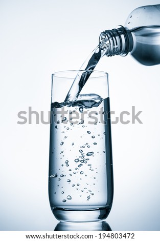 Pouring water into glass  from bottle on blue background
