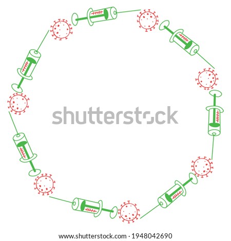 Vector round frame on theme of vaccination. Contour molecules, coronavirus cells and a vaccine syringes. Border, decoration, background for medical design in doodle style