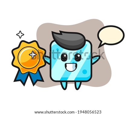 Ice cube mascot illustration holding a golden badge, cute style design for t shirt, sticker, logo element