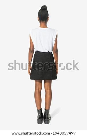 White women's t-shirt with design space and black skirt casual fashion