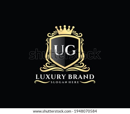 UG Initial Letter, Gold text with feminine floral hand drawn heraldic monogram, Antique vintage style luxury logo design.