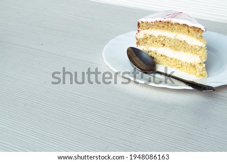 A slice of vanilla biscuit and white cream cake. Close-up