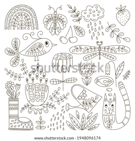 Vector Spring Colouring Page. Funny Summer Outdoor Doodles.