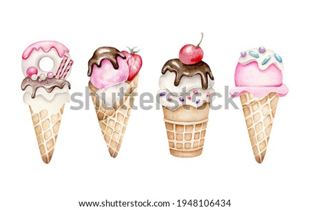 Watercolor ice cream collection.Summer sweets 