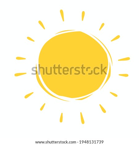 Hand drawn sun. Yellow warm object. Cartoon illustration. Children drawing. Heat and hot. Element of summer and nature