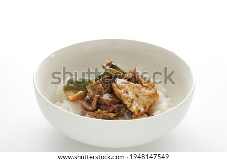 Chinese food, pork and cabbage stir fried with black soy sauce on rice for comfort food