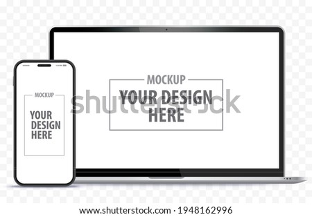 Laptop Computer and Mobile Phone Mockup. Digital devices screen template vector illustration with transparent background. Royalty-Free Stock Photo #1948162996