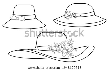 Illustration depicting various designs of womens hats. Women's hats with decor isolated on white background. Summer hats in vector