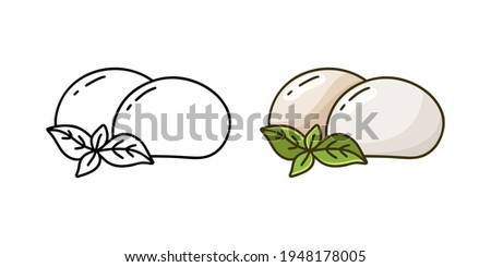 Mozzarella doodle icon. Linear and color version. Black simple illustration of Italian cheese with basil leaves for packaging design. Contour isolated vector pictogram on white background Royalty-Free Stock Photo #1948178005