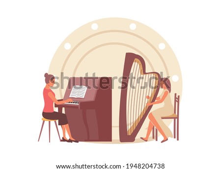 Flat composition with women playing piano and harp on stage vector illustration