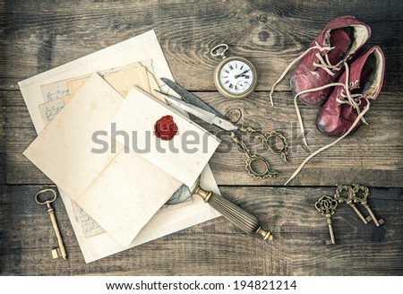 antique office supplies and writing accessories. nostalgic still life. retro style toned picture