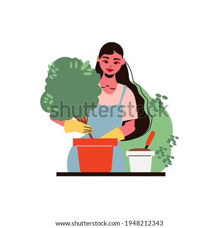 Gardening composition with character of female gardener planting tree into flower pot vector illustration