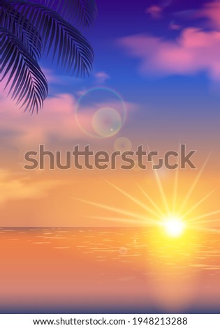 Vector illustration background of evening sea, sun and silhouette palm trees (landscape)