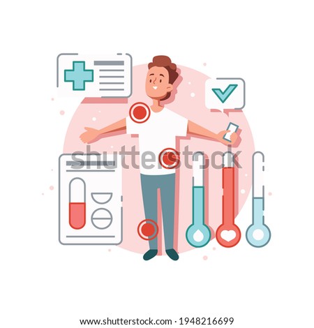 Online medicine flat composition with human character of patient with spots and health checkup results vector illustration