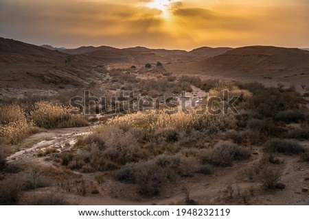 Beautiful landscape of the Ein Saharonim valley, the deepest point of the Makhtesh Ramon - largest erosion crater in the Negev desert, Israel Royalty-Free Stock Photo #1948232119