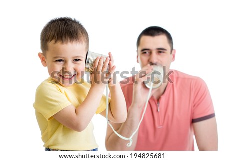 Kid and dad having a phone call with tin cans